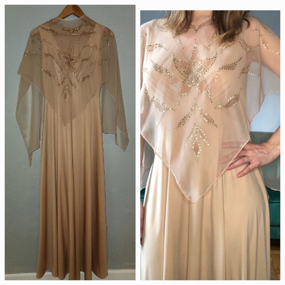 Vintage Dresses & Skirts - Vintage 1970s V-neck Dress with Sheer Mathing Cape
